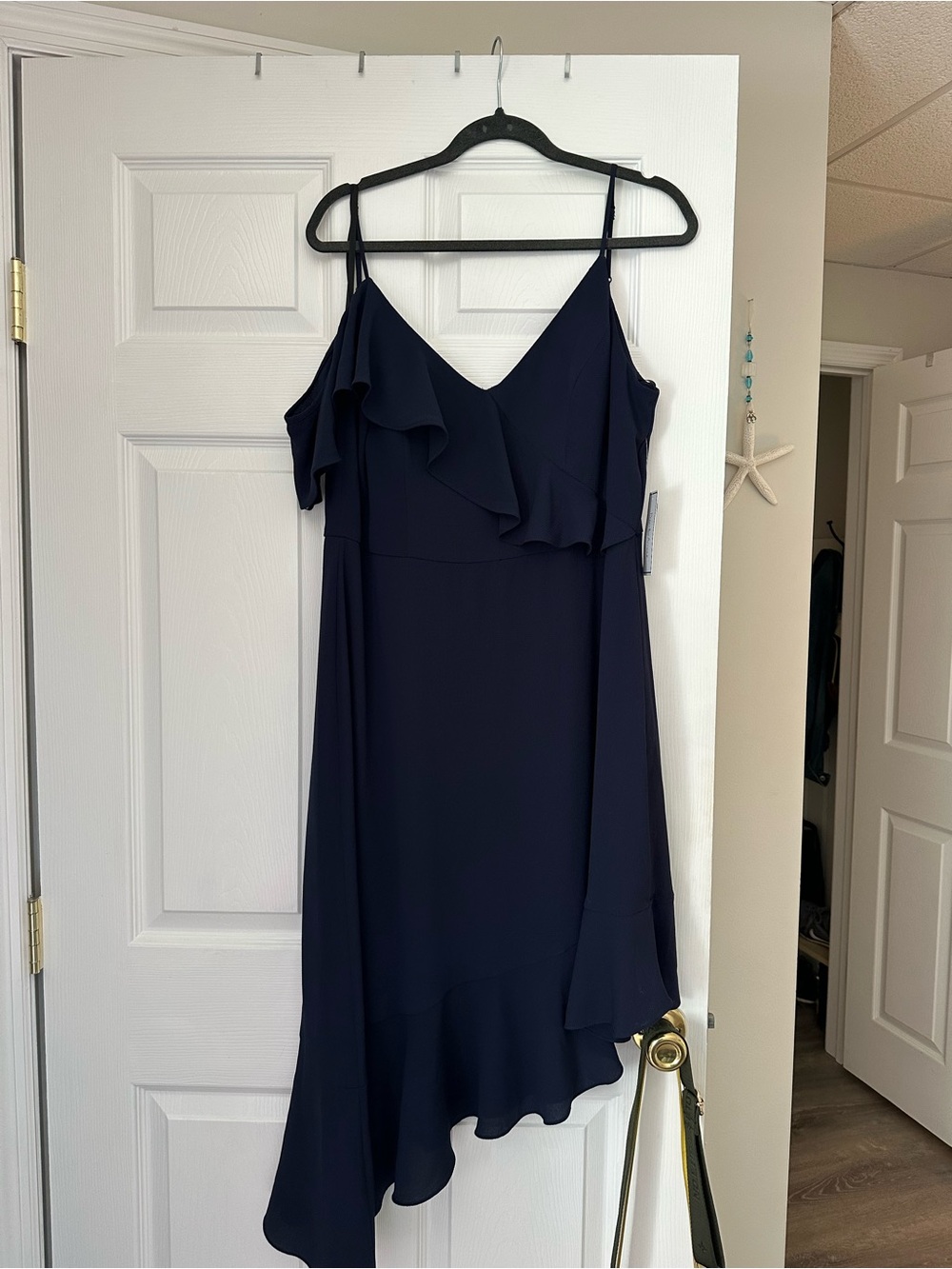 One-Shoulder Navy Asymmetric Ruffle Dress